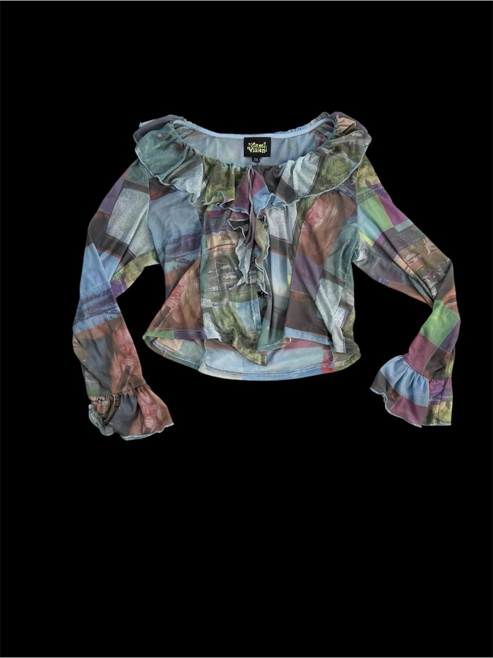 Tunnel Vision multicolor sheer mesh ruffled blouse